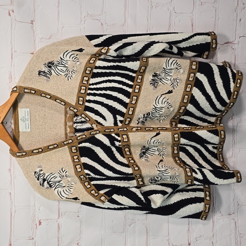 Design Options by Philip & Jane Gordon Vintage Cardigan Sweater Wood Bead Zebra